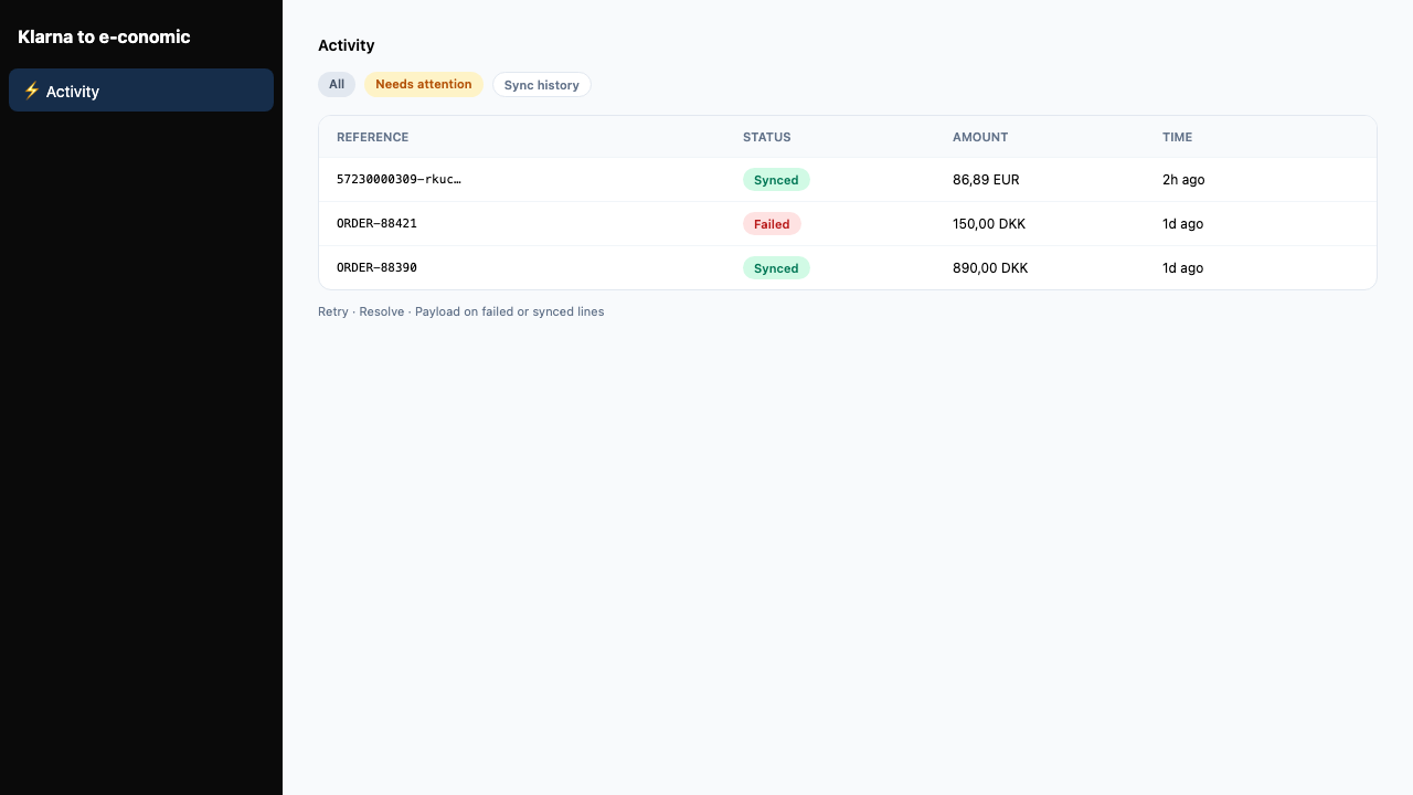 Activity page with payment list and status filters